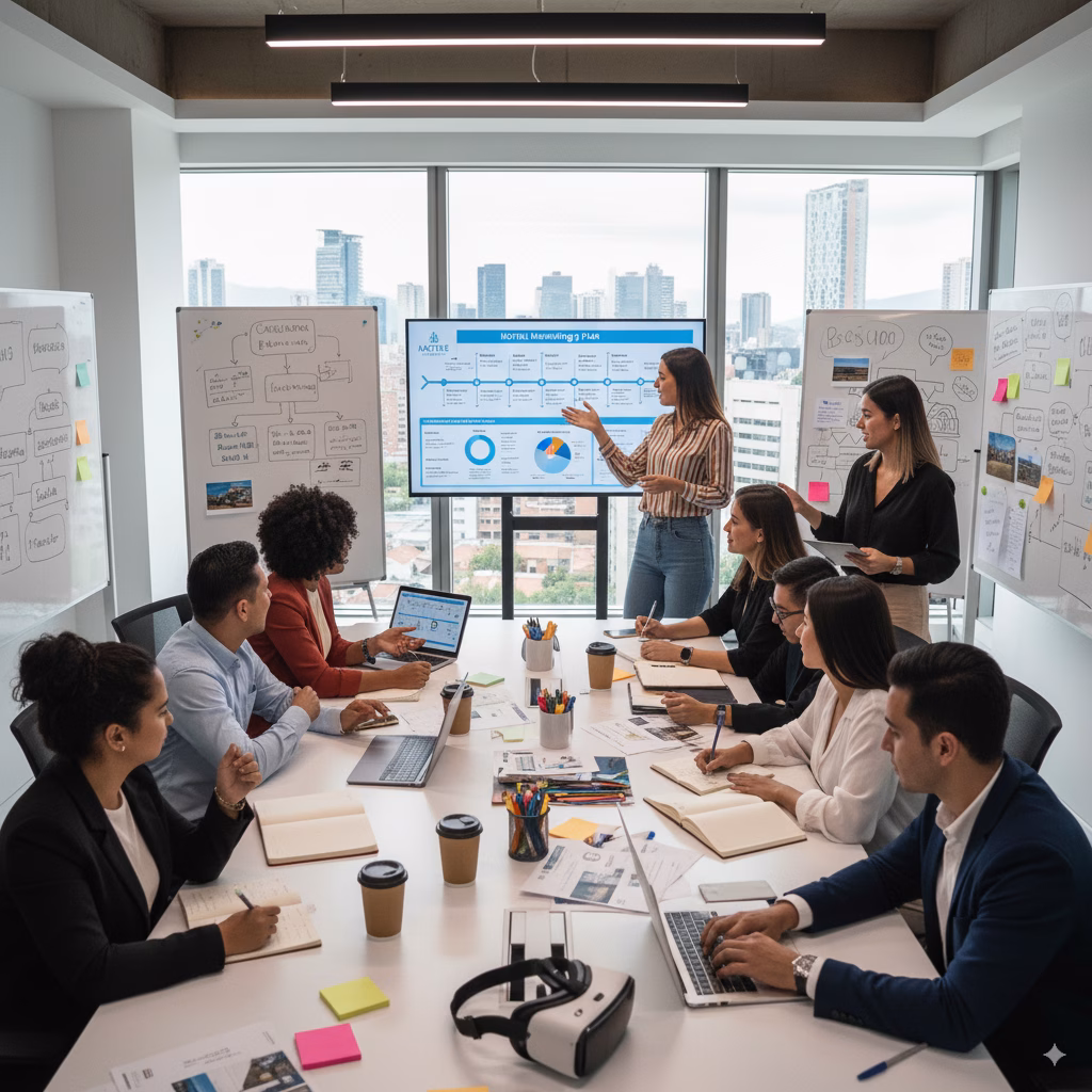 A team reviewing charts and data on a screen in a meeting room