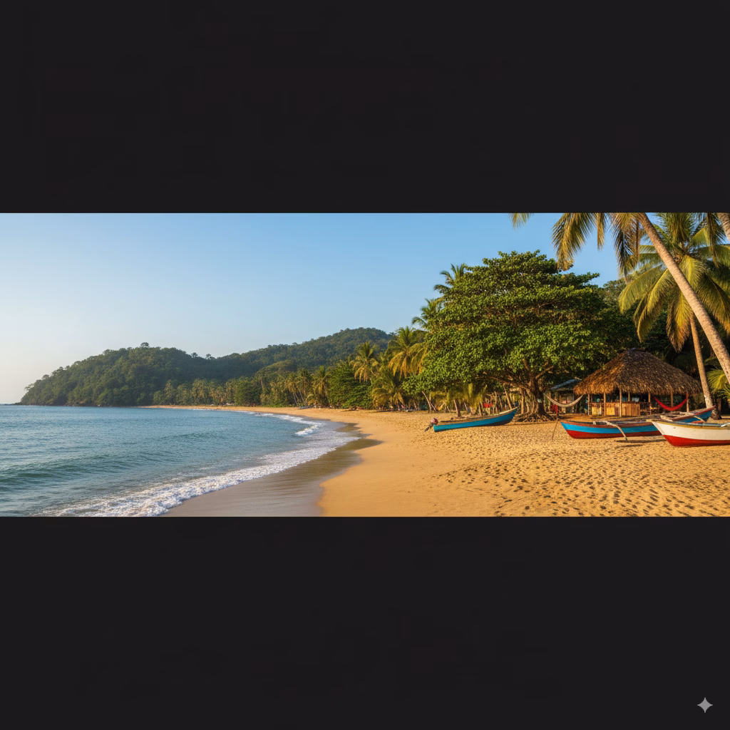 A palm-fringed Caribbean beach with turquoise water on Colombia's coast