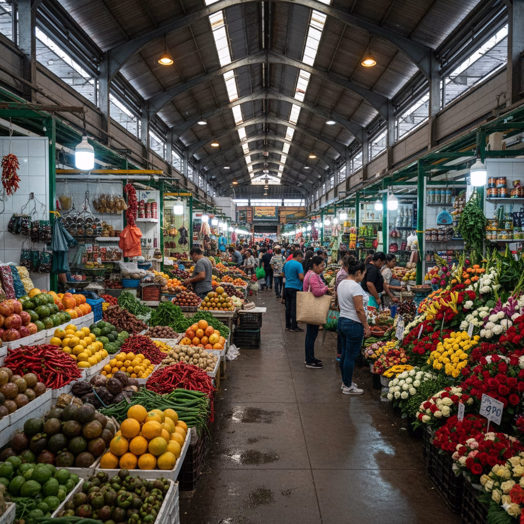 Fruit stalls inside a covered market in Bogotá