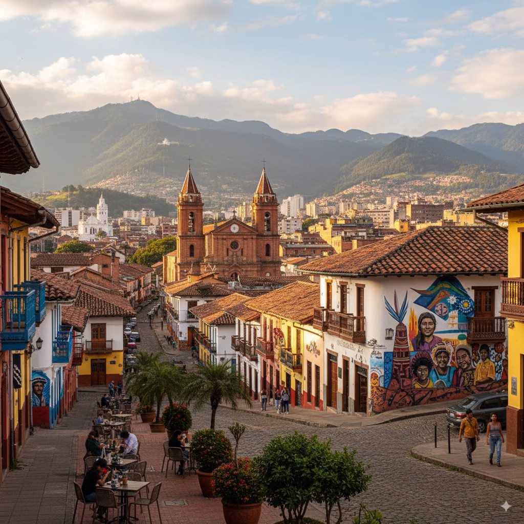Colourful colonial buildings around a plaza in Colombia