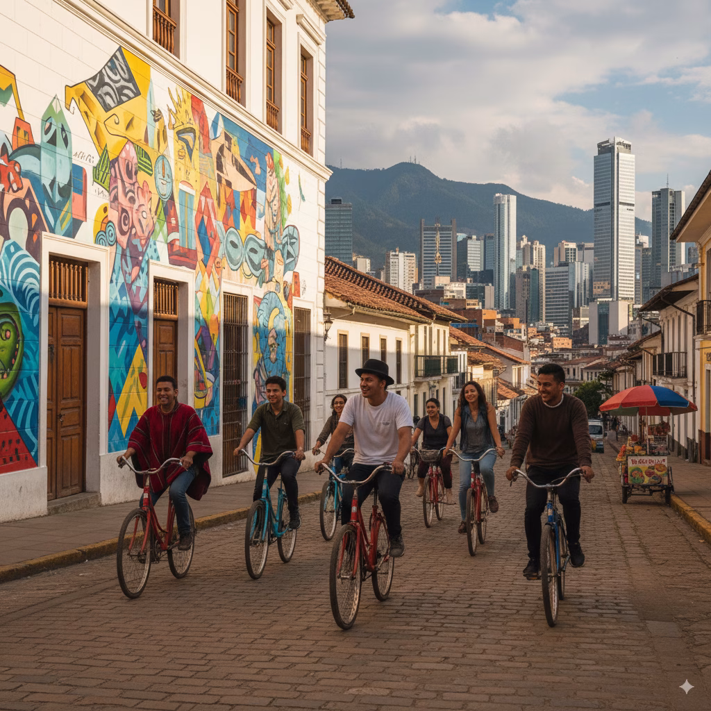Cyclists riding past colourful buildings on a Bogotá street