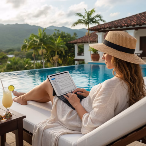 A person working on a laptop beside a pool