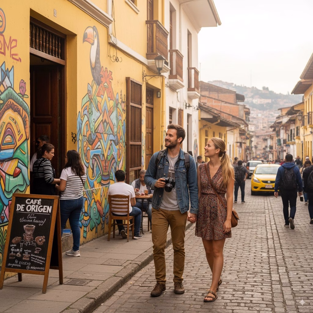 A busy Bogotá street with a mural and a passing taxi