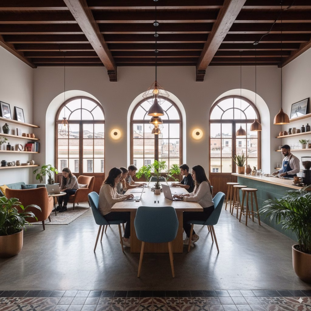 A coworking space with long shared tables and arched windows