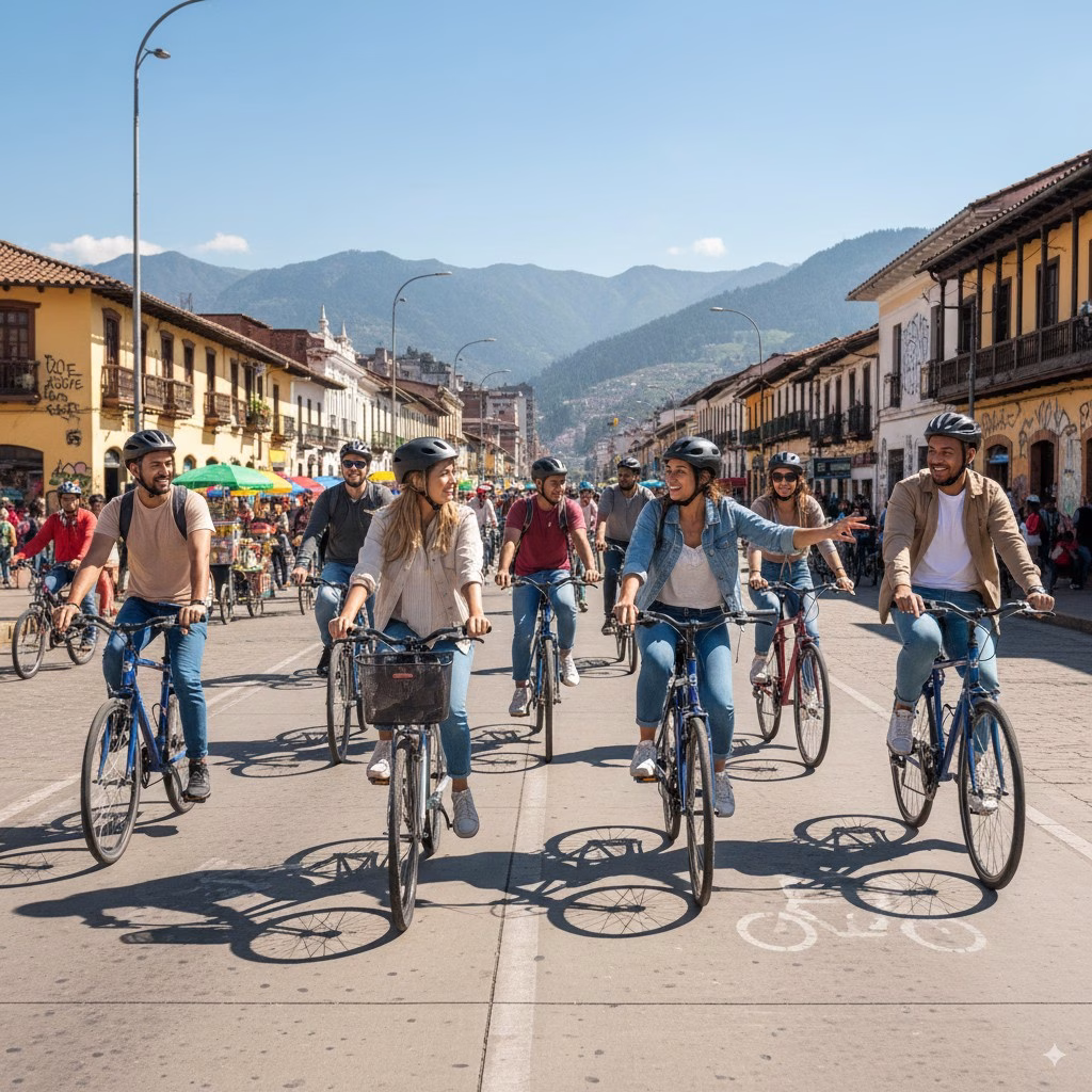Cyclists riding past colonial buildings on a car-free Bogotá street