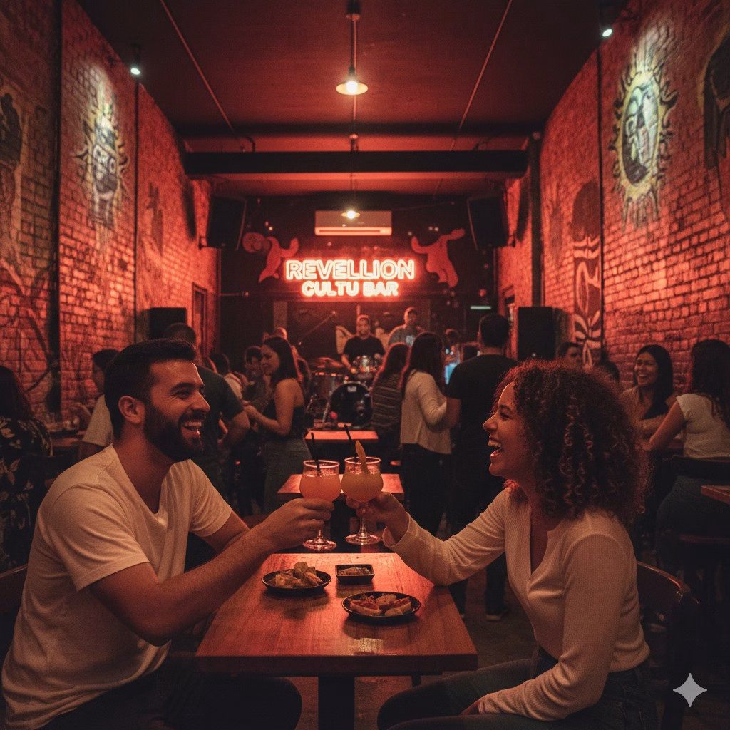 A crowded bar lit in red in Bogotá