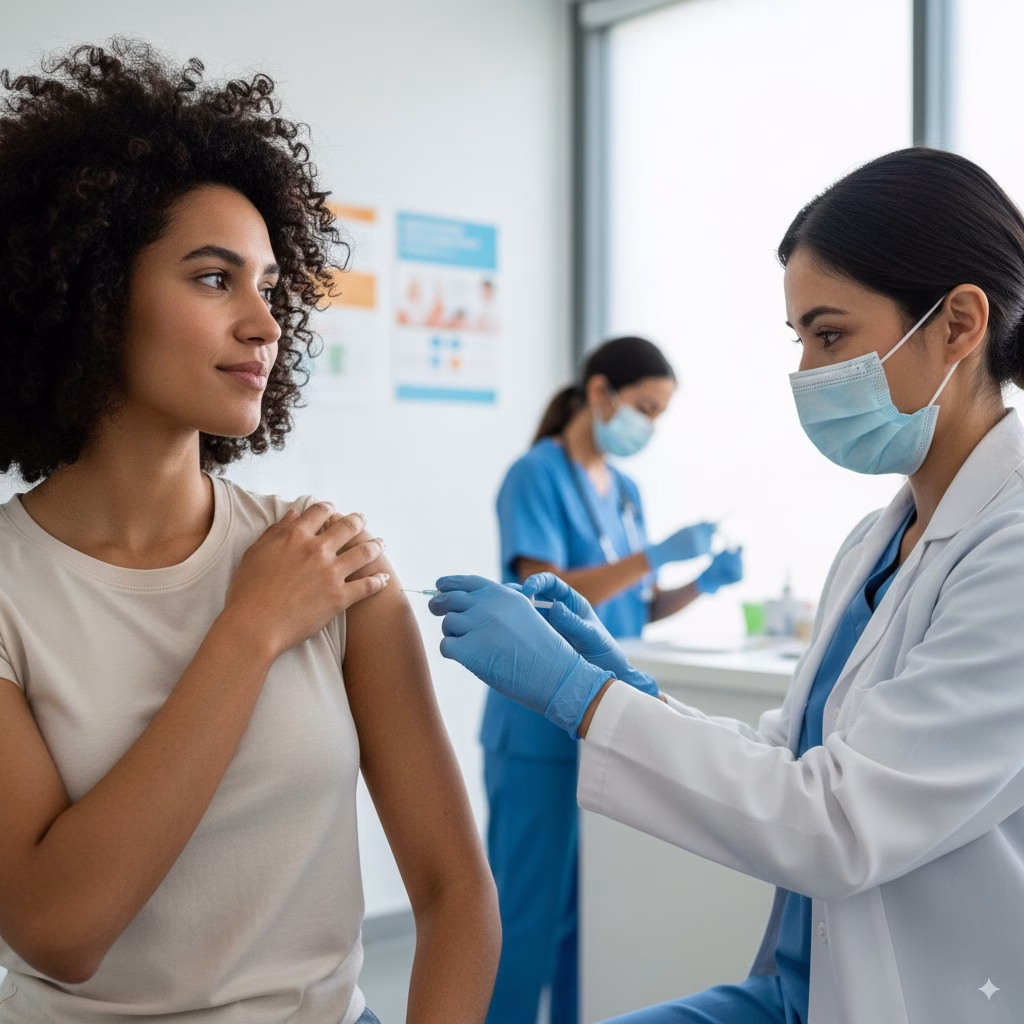 A person receiving a vaccination from a nurse