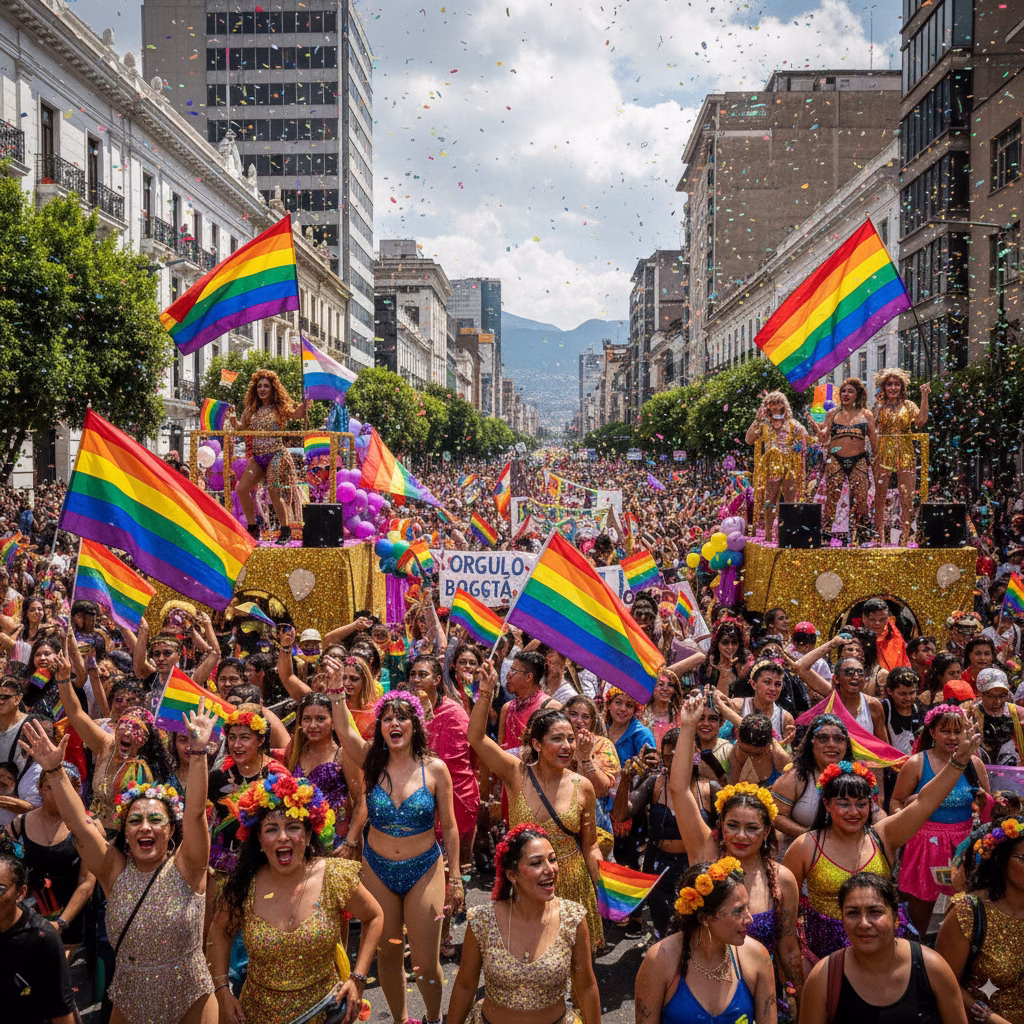 Rainbow flags raised in a Pride crowd in Bogotá