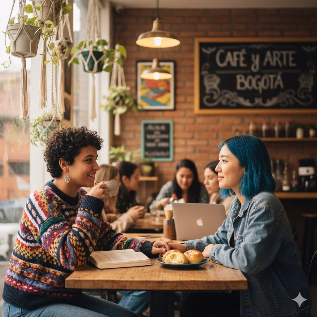 Friends talking together in a Bogotá cafe