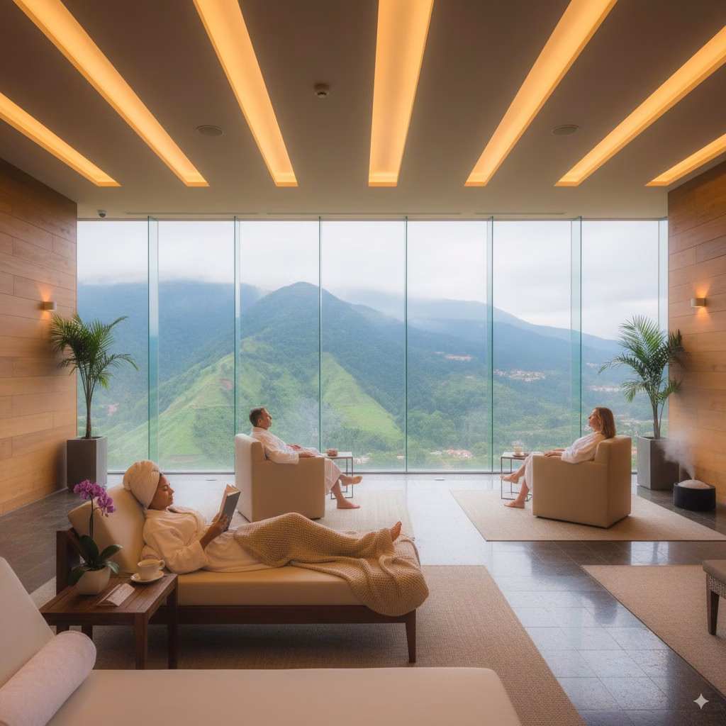 A spa treatment room with loungers and a garden view