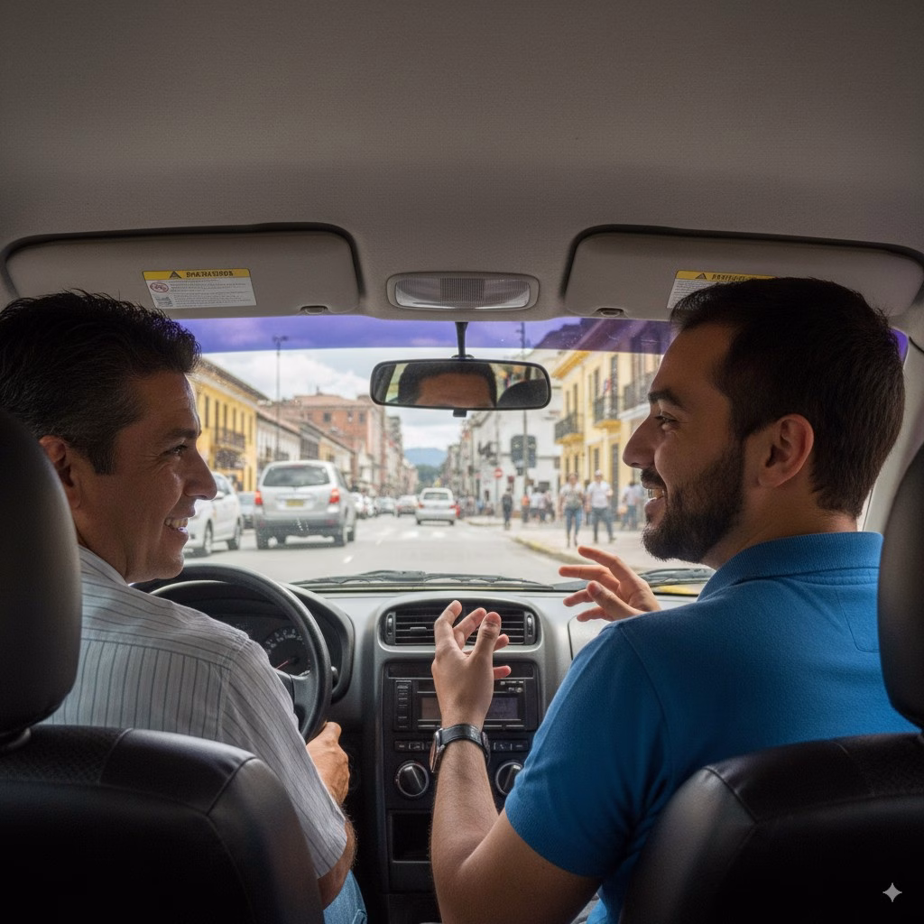 Two men in the front seats of a car in Colombia