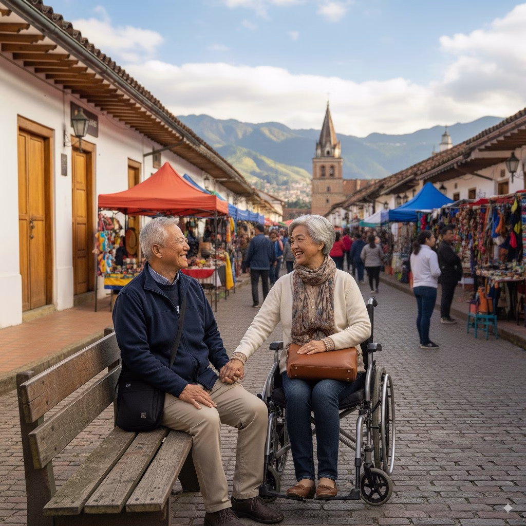 Older travellers sitting at an outdoor cafe on a Bogotá street