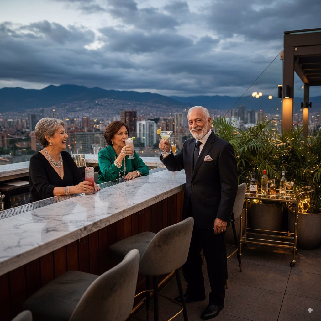 An older couple being welcomed at a hotel bar in Bogotá
