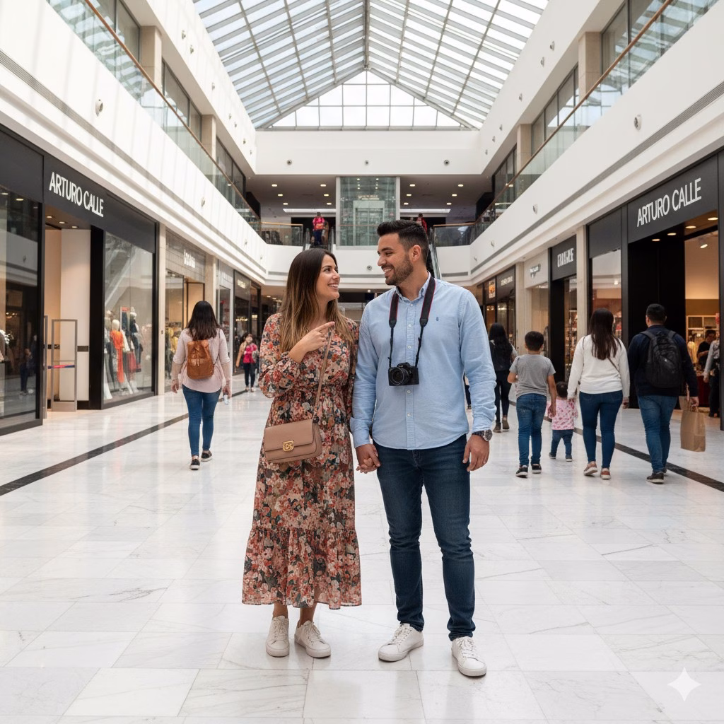 A shopper walking through a bright shopping mall in Bogotá