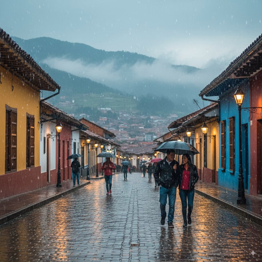 A colourful colonial street in Bogotá under cloud and mist