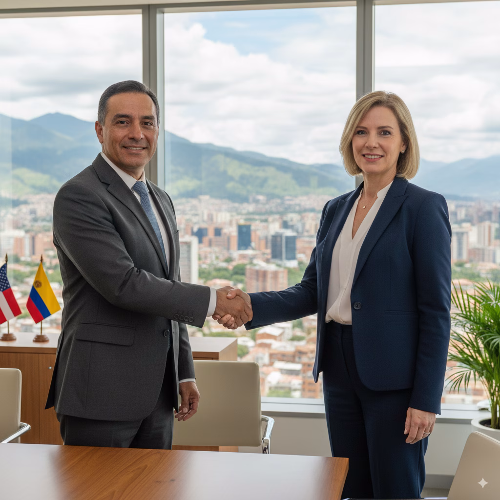 Two people shaking hands with the Andes behind them