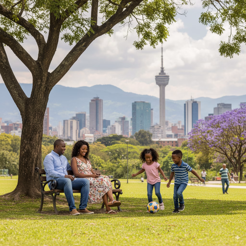 A family in a park with the Bogotá skyline behind