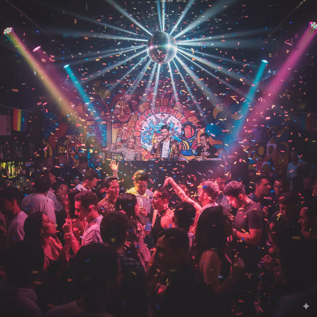 A crowded nightclub lit in pink and purple in Bogotá
