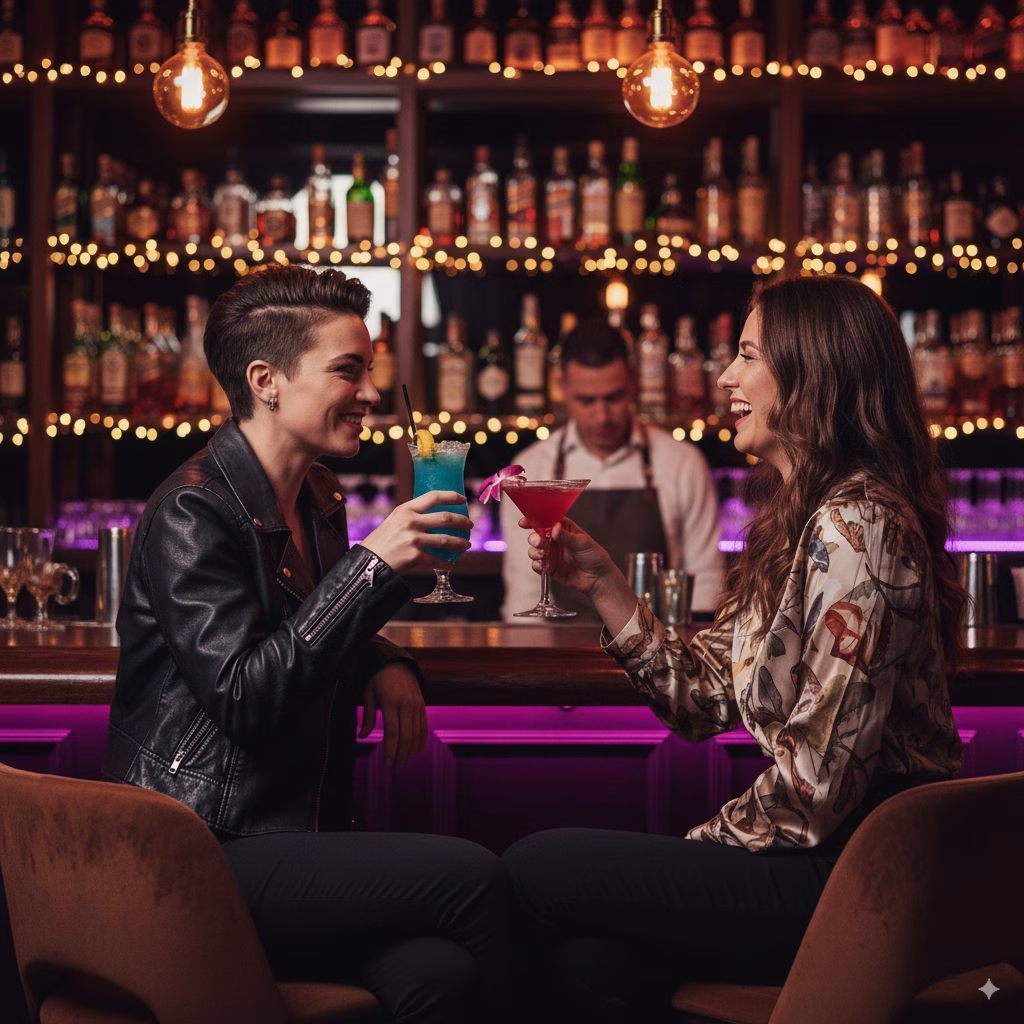 Two women at a bar lit with string lights in Bogotá