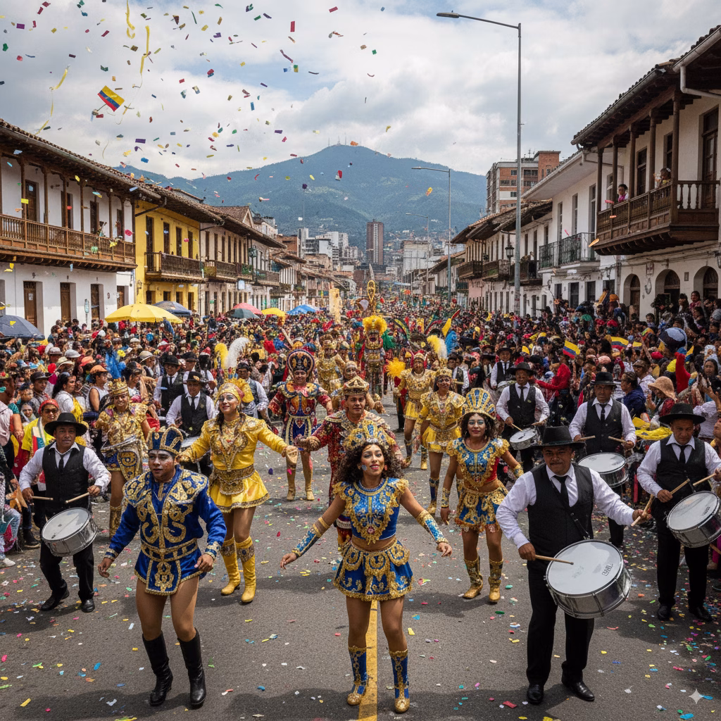 A crowd filling a street of colourful colonial buildings during a festival