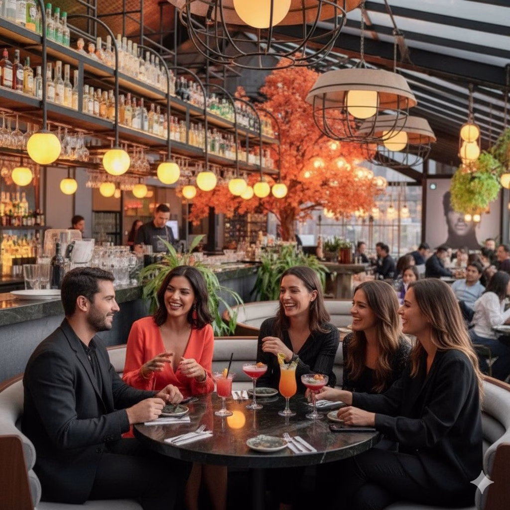 A crowd at a rooftop bar with string lights at dusk in Bogotá