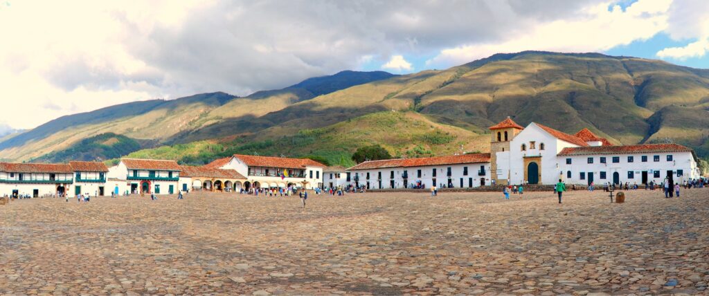 Plaza Mayor of Villa de Leyva with the Andes behind