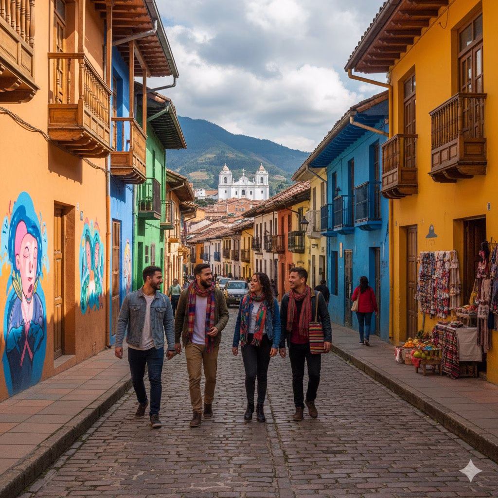 A mural-covered street in La Candelaria, Bogotá