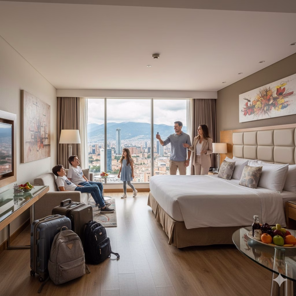 A bright hotel room with a city view in Bogotá