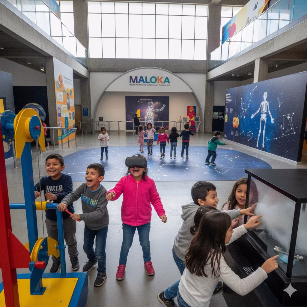 Children exploring an interactive museum exhibit in Bogotá