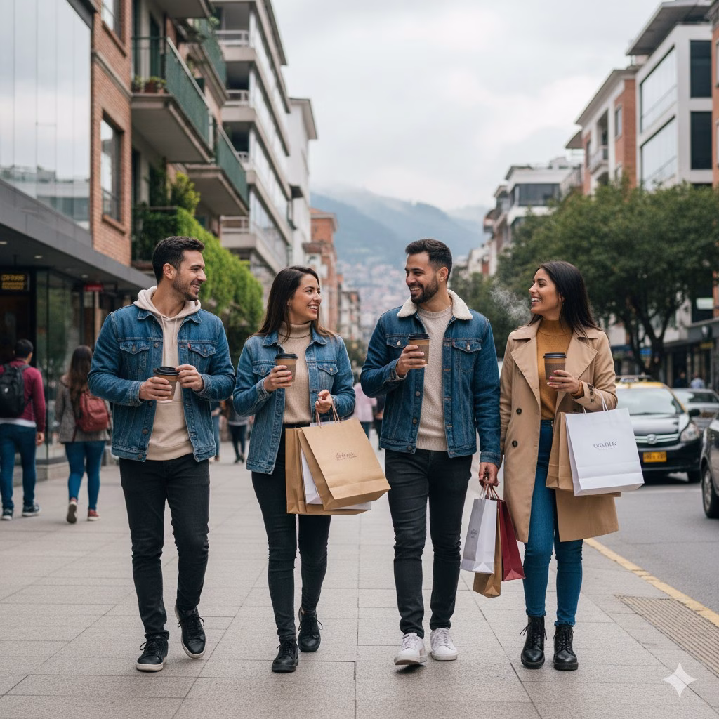 Shoppers carrying bags in northern Bogotá