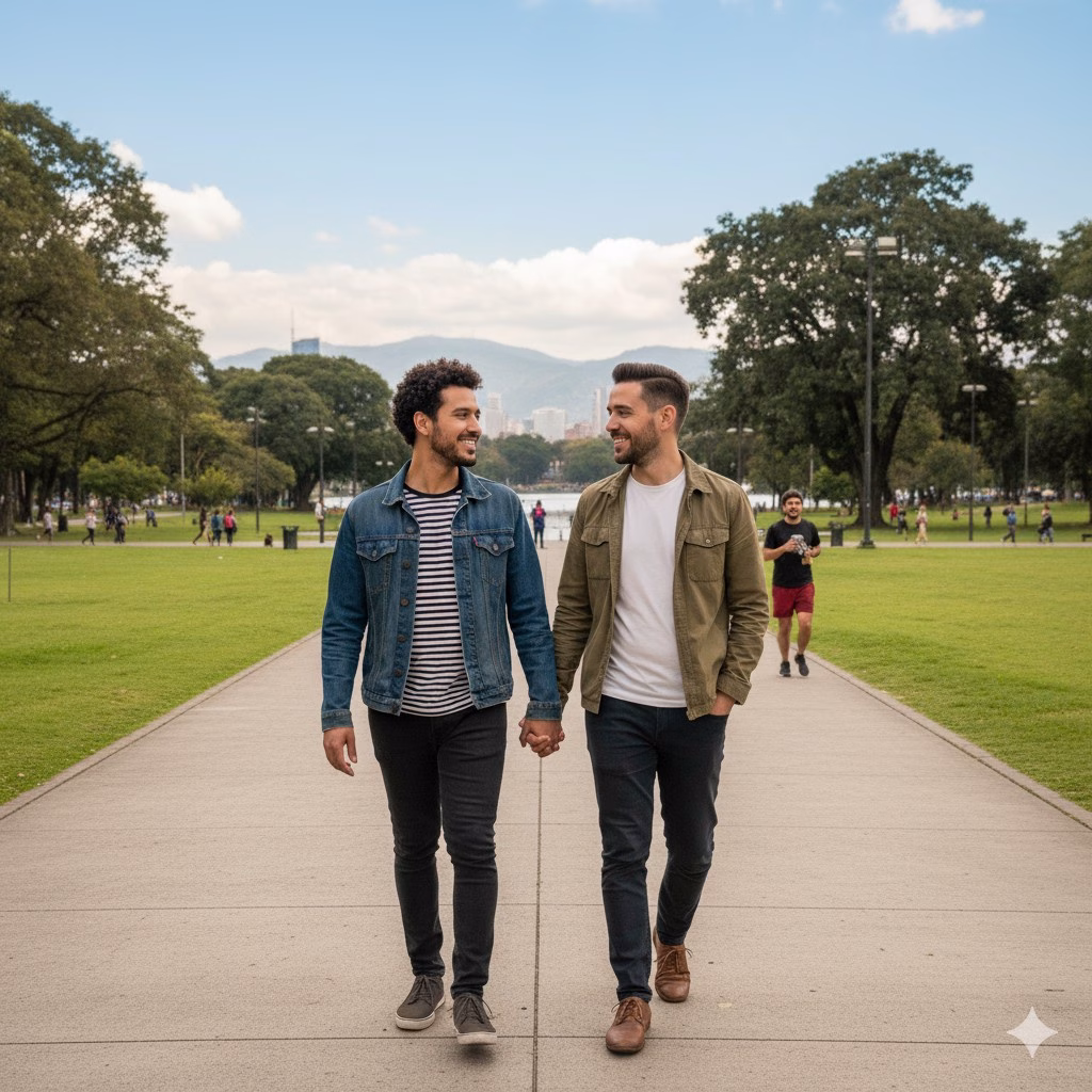 Two people walking a tree-lined park path in Bogotá