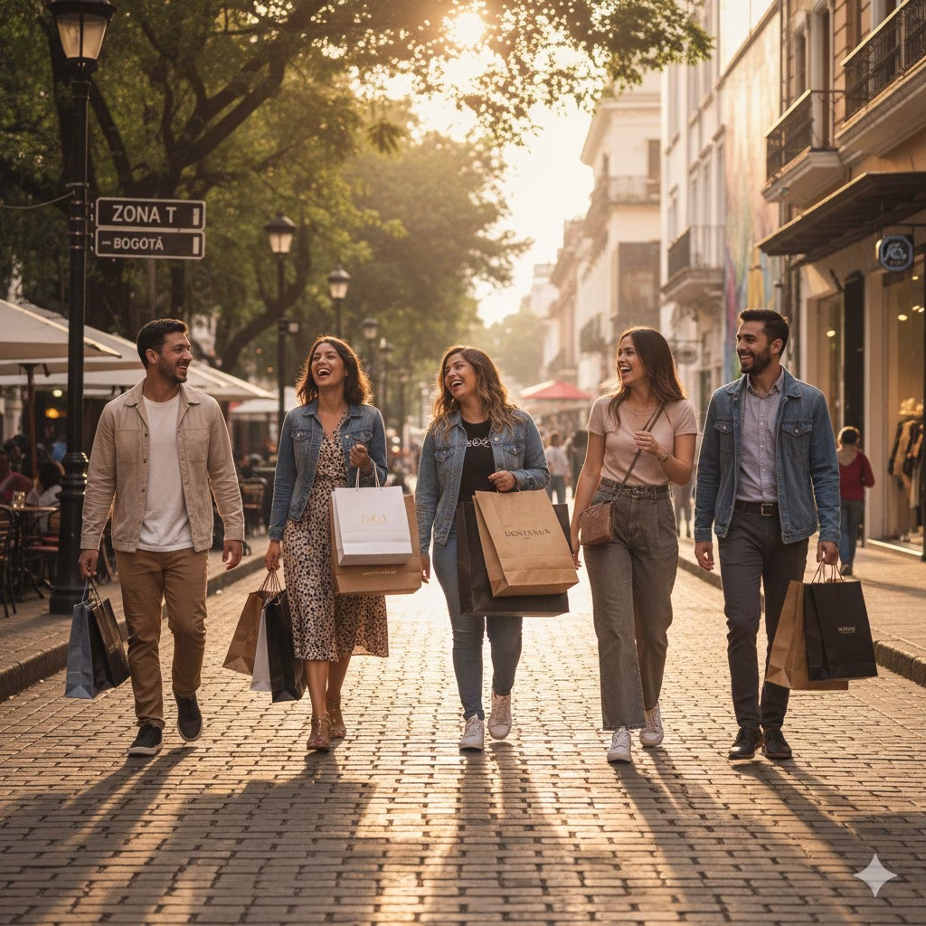 Shoppers carrying bags through the Zona T district of Bogotá