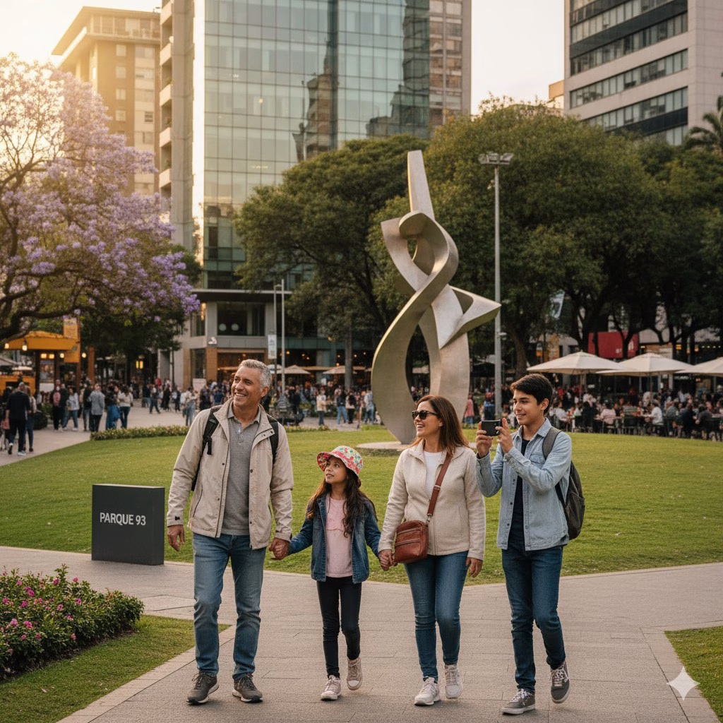 A group of travellers in a plaza of colonial buildings in Bogotá