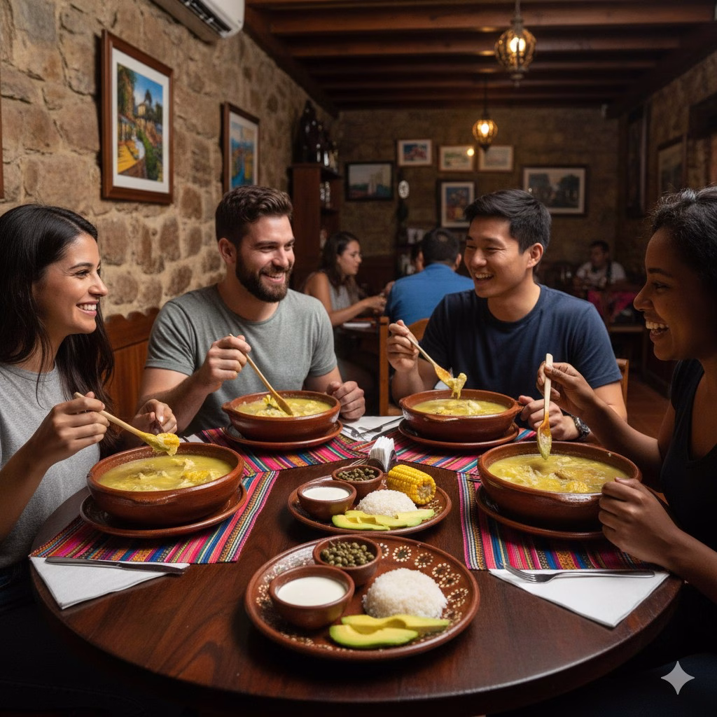 Friends sharing a meal in a warm Bogotá restaurant