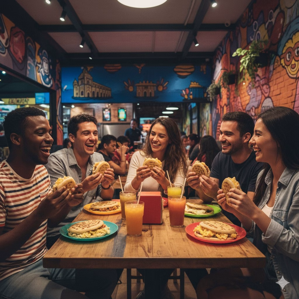 Friends toasting with drinks over a shared meal in Bogotá
