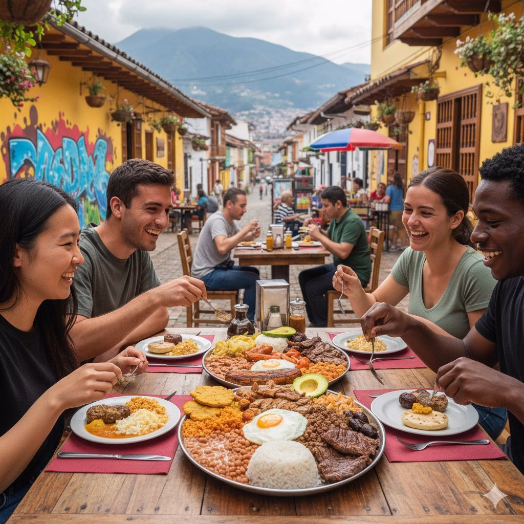 Friends sharing a bandeja paisa at a table in Bogotá