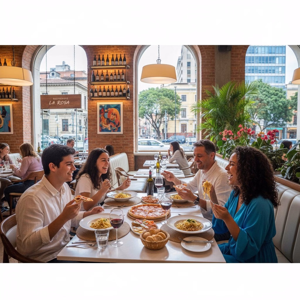 A group sharing a meal at a long table in a Bogotá restaurant