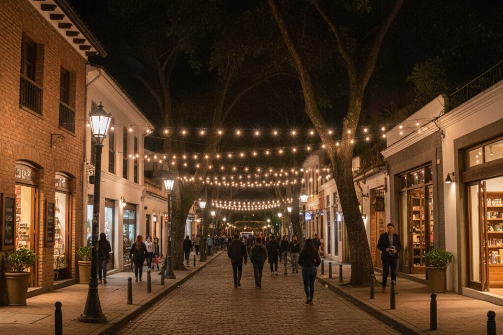 Una calle peatonal de Usaquén con luces colgantes al anochecer, Bogotá