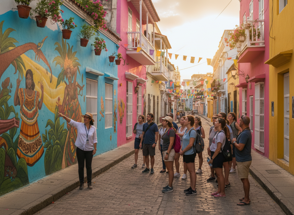 guide leading tourists through colorful mural streets of Getsemaní neighborhood cartagena colombia