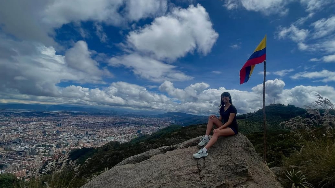 Sunrise view of Bogotá skyline from Las Moyas ridge in Colombia
