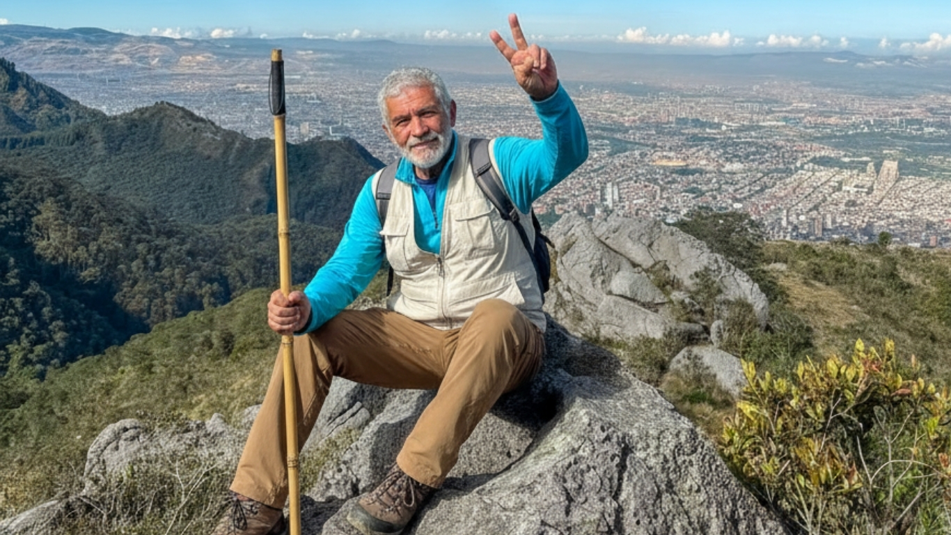 Bilingual local guide leading a small group on the Las Moyas trail in Bogotá, Colombia
