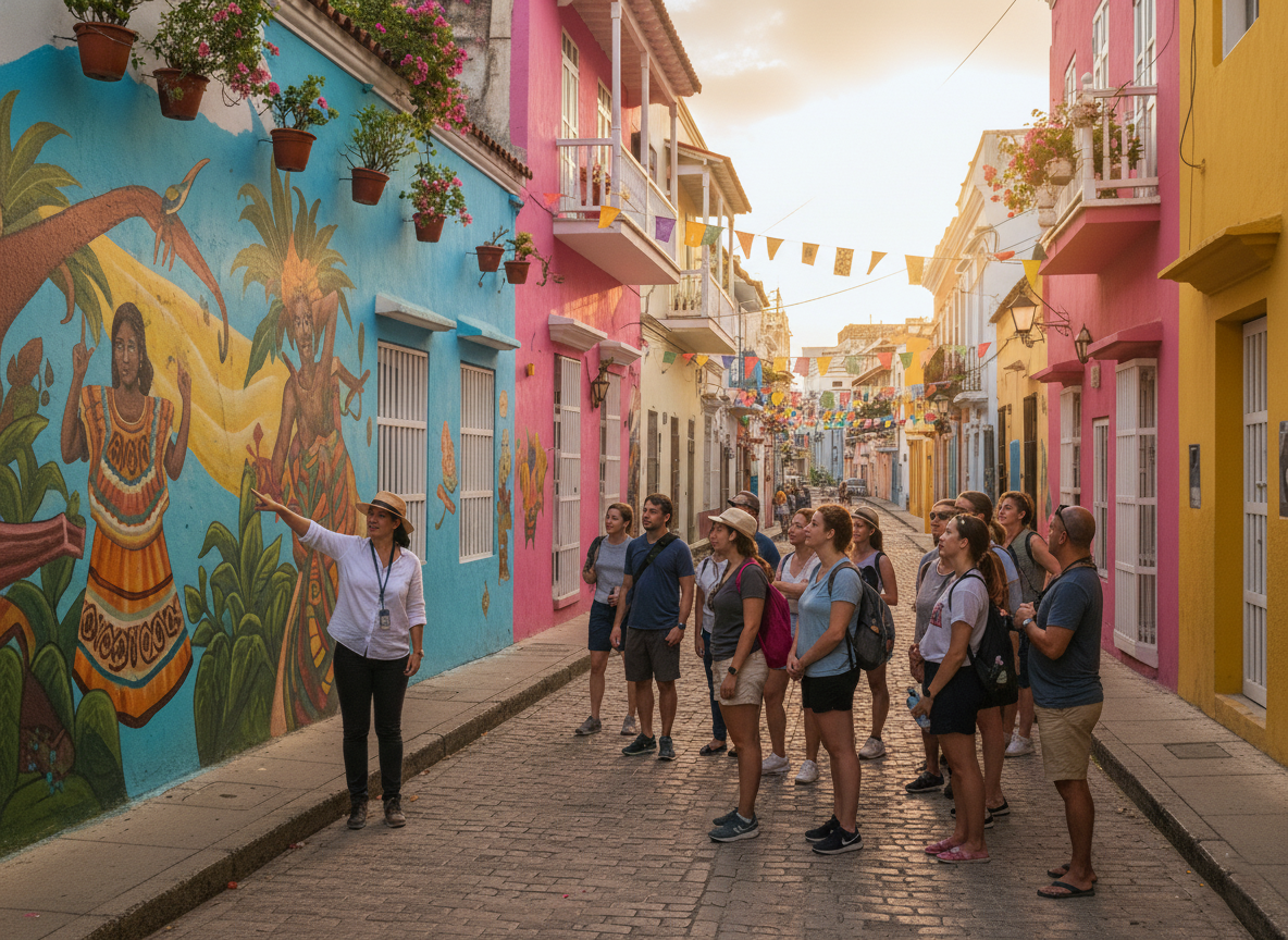 guide leading tourists through colorful mural streets of Getsemaní neighborhood cartagena colombia