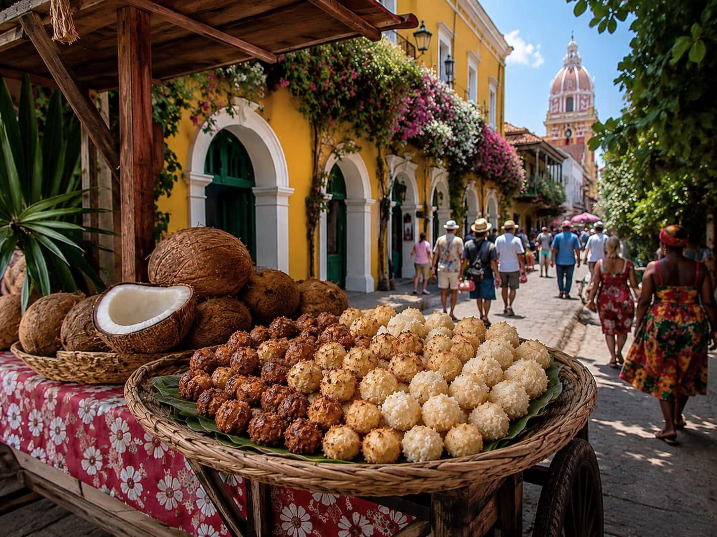 cocadas dried coconut sweets on display at local market cartagena de indias colombia