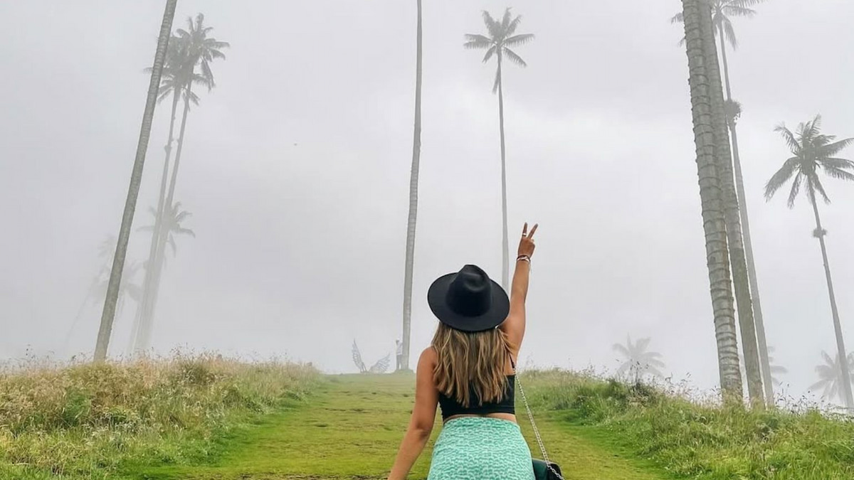 Traveler walking through misty wax palms in Cocora Valley, Quindío, Colombia