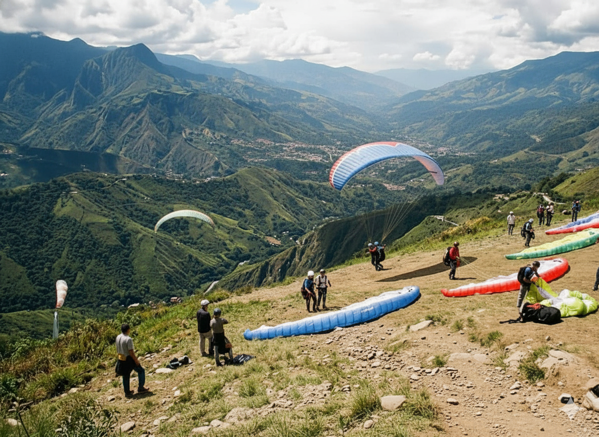 landing on green field in Calarca after paragliding tour colombia