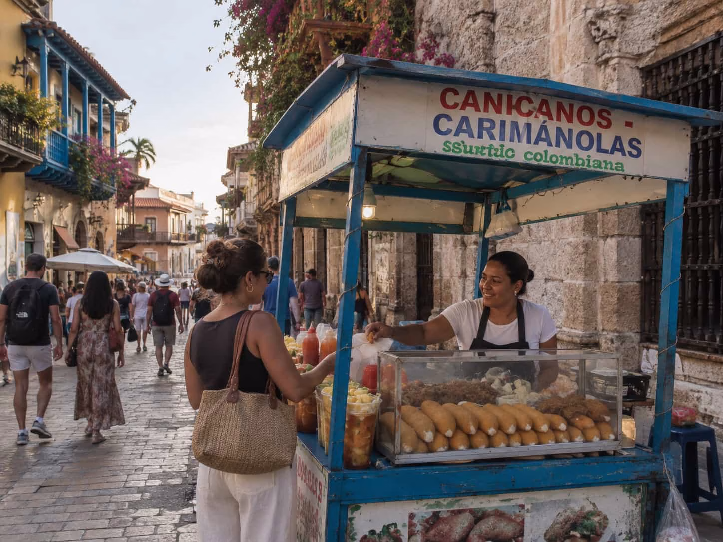 puesto de comida probando comida cartagena