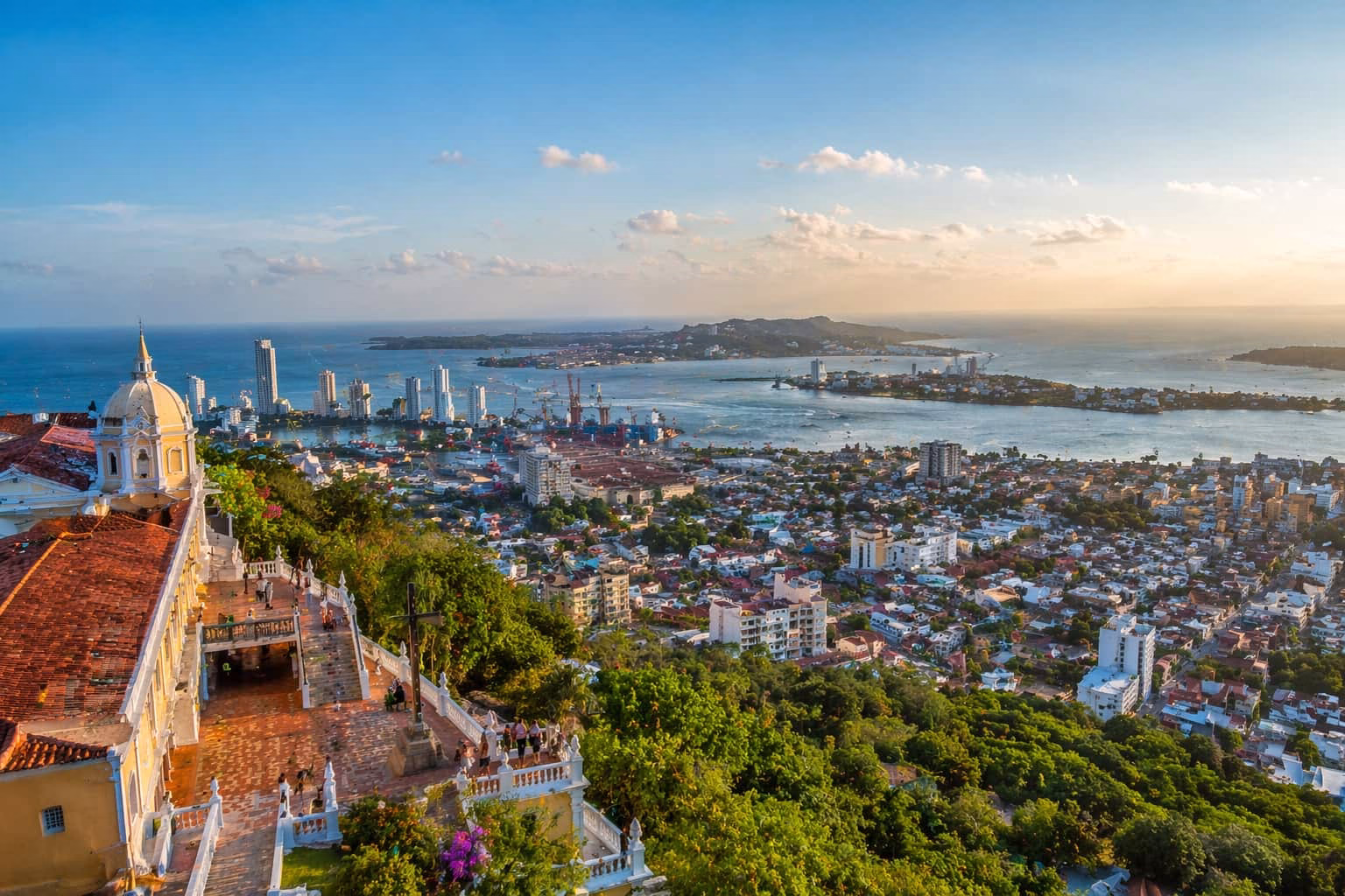 Cartagena and its bay from the Convento de la Popa, with the walled city and the towers of Bocagrande below