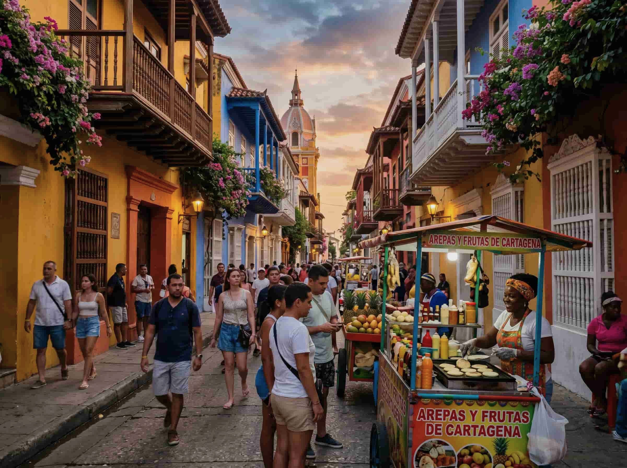 colorful colonial street facades and food vendors in cartagena centro historico colombia