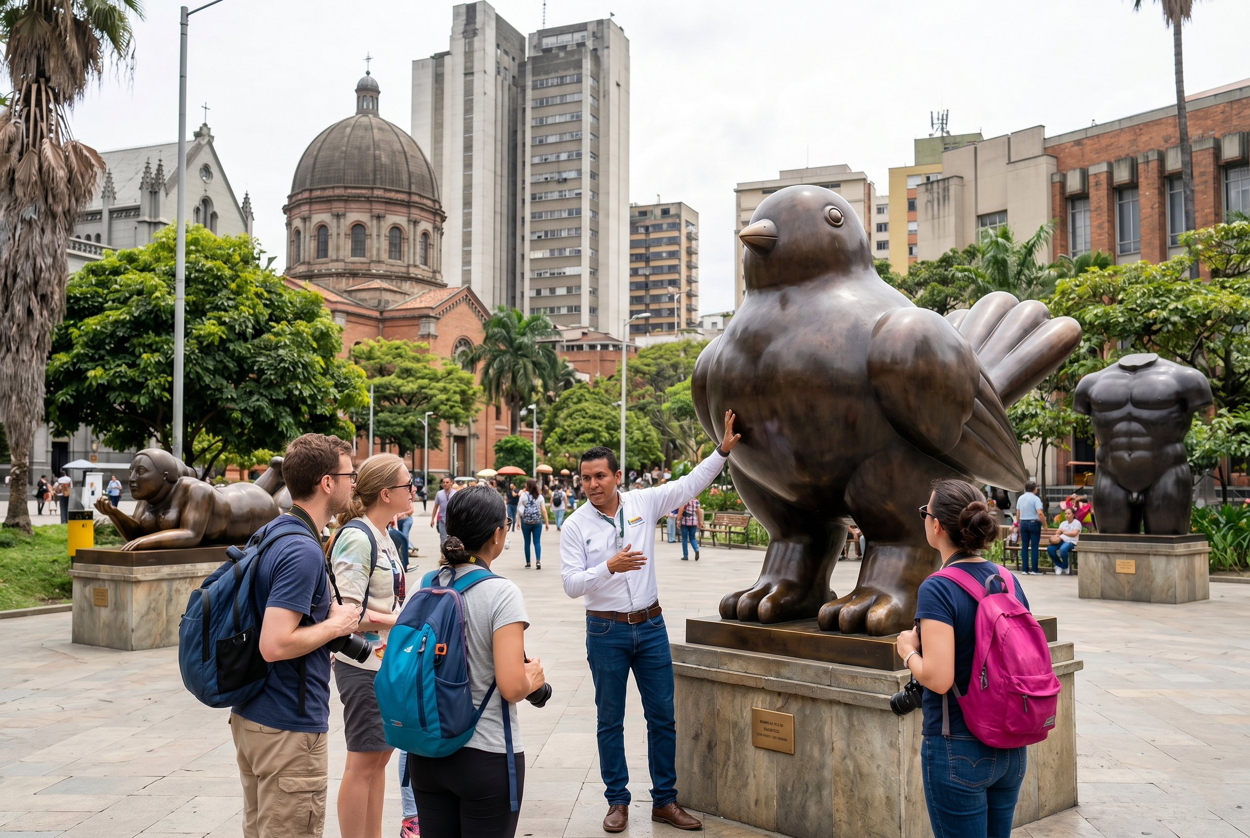 tourists and private guide at san antonio park with botero sculptures medellin colombia