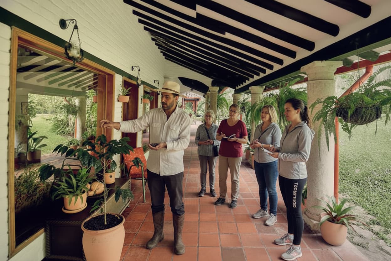coffee expert guiding tourists through gardens of hacienda la coloma fusagasuga colombia